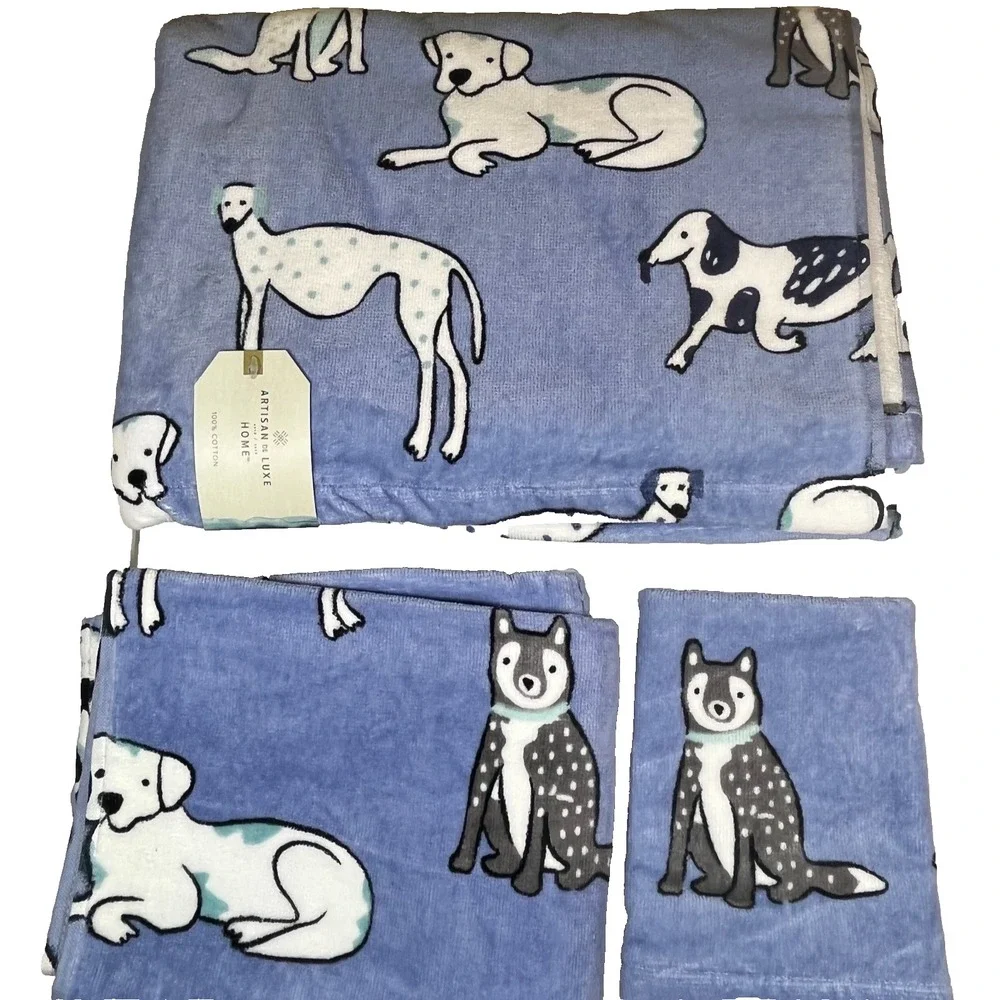 Artisan de Luxe Dog Print Towel 3 Piece Set Bath Hand Washcloth 100% Cotton New